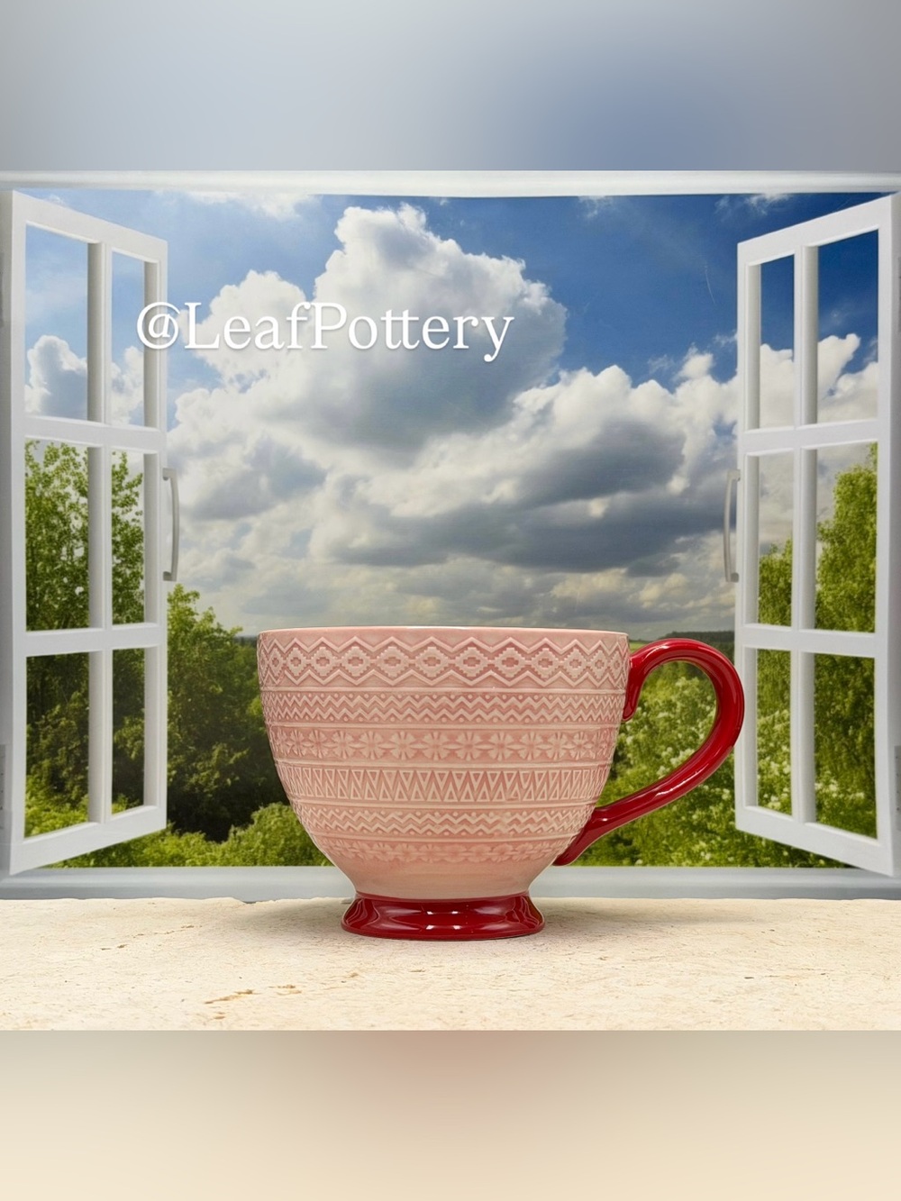 Pink Ceramic Latte Mug Potter's Studio Fair Isle Pattern Large Coffee Cup 14 oz - Picture 2 of 11